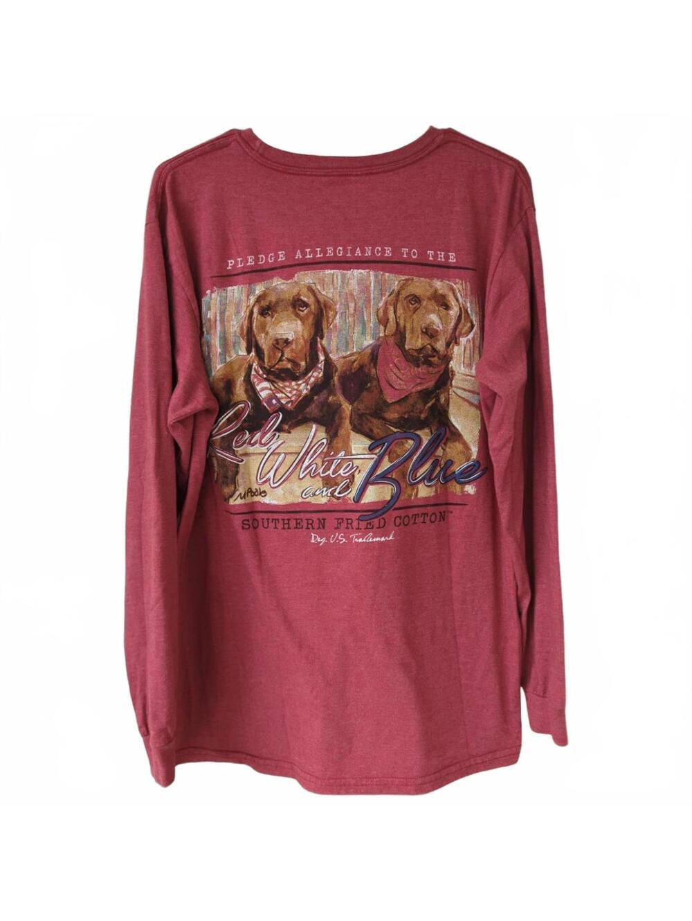 Southern Fried Cotton Shirt Mens M Burgundy Red White Blue Dogs LS Tee 20.5x29